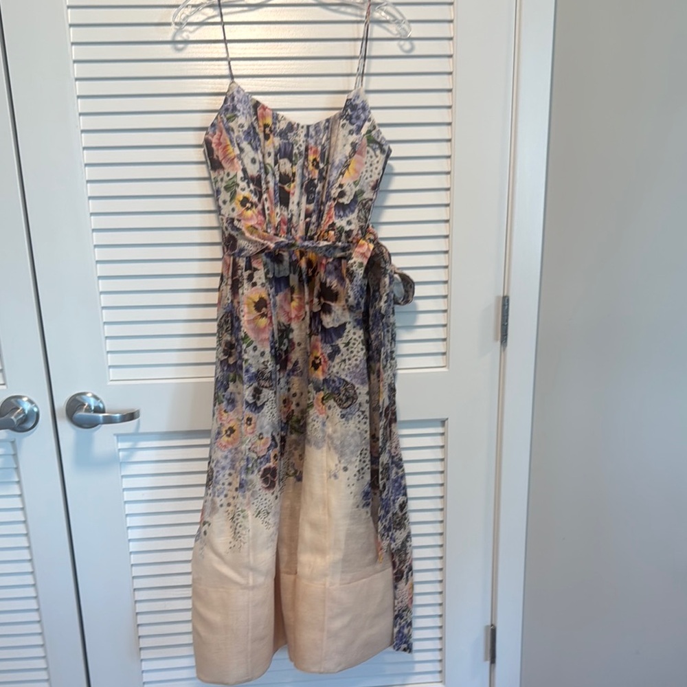 Zimmermann Multicolor Floral Silk Midi Dress with Cream Hem
